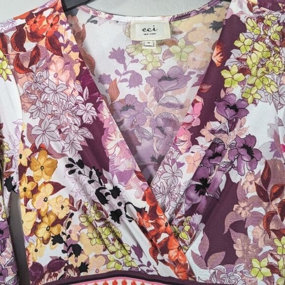 ECI pink purple multicolor floral faux wrap stretch jersey dress womens 4 Small - Picture 4 of 8
